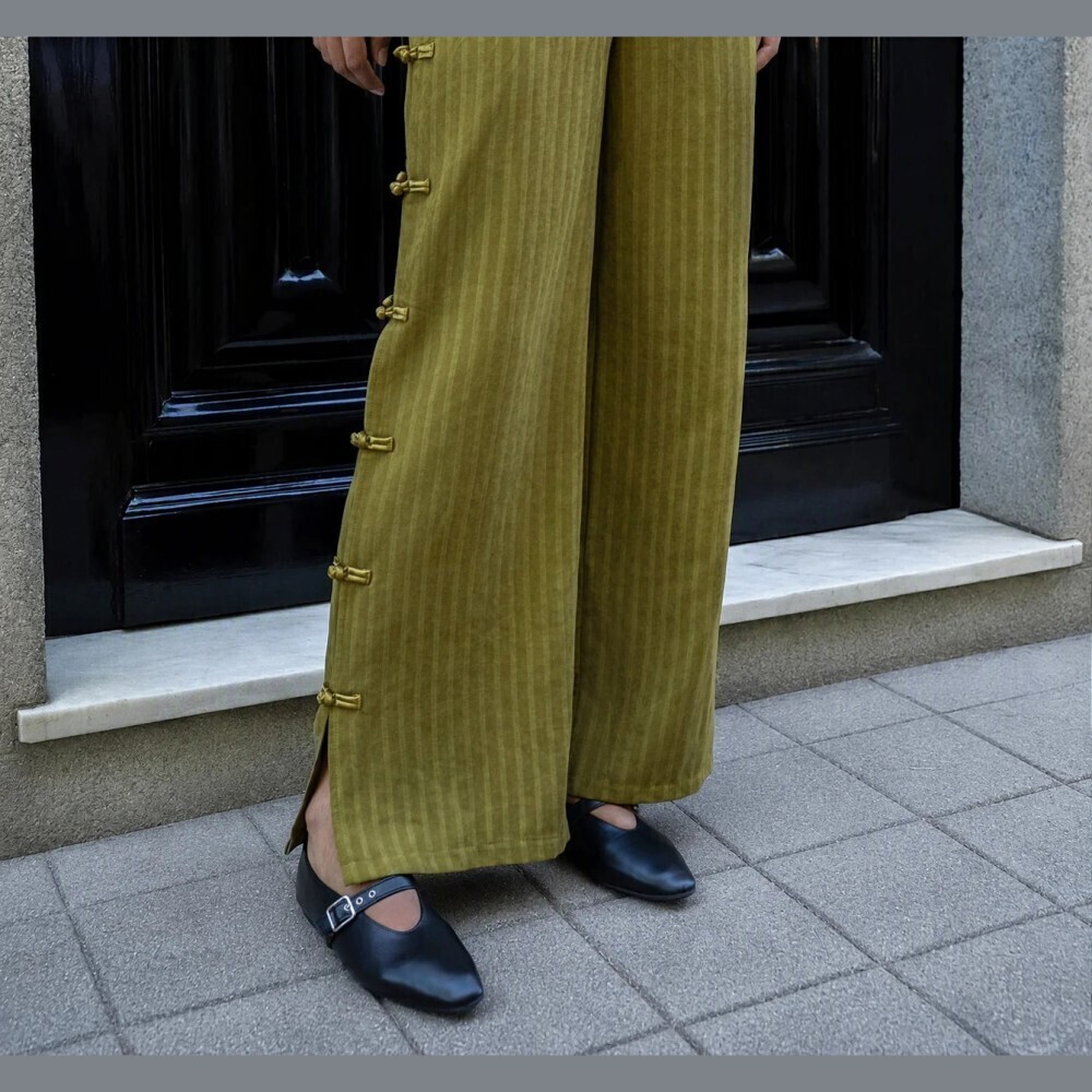 Olive Green Striped Frog Closure Crop Jacket and Wide Leg Pants Pantsuit Set - Picture 3 of 7